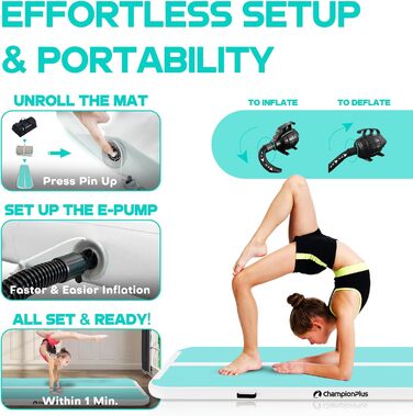 Гімнастичний надувний мат Track 5м з електричним насосом, для йоги, кемпінгу, фітнесу та спорту, двостороння м'ятно-зелена 300x100x10см