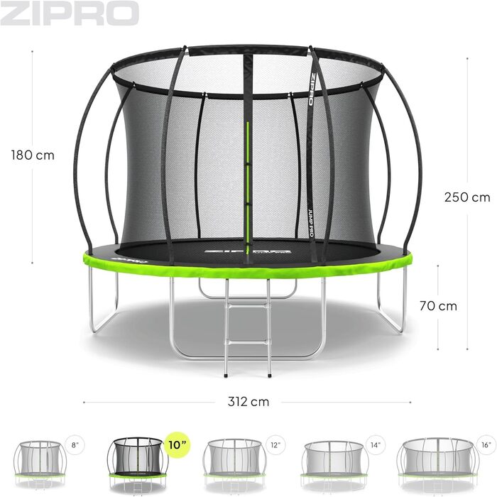 ZIPRO JumpPro Premium Трамплін для дітей Outdoor, садова модель з сіткою, захист від УФ, водостійкий, проста збірка, вантажопідйомність до 150 кг, діаметр 252/312/374/435/496 см