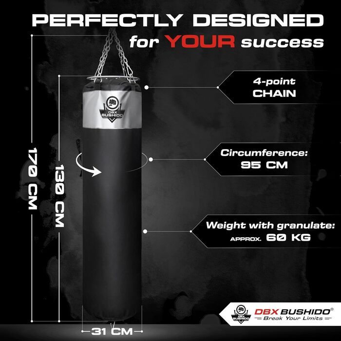 Боксерський мішок DBX BUSHIDO SPORT 130 см, наповнений гумовою крихтою, 60 кг, для боксу та кікбоксингу, сріблястий
