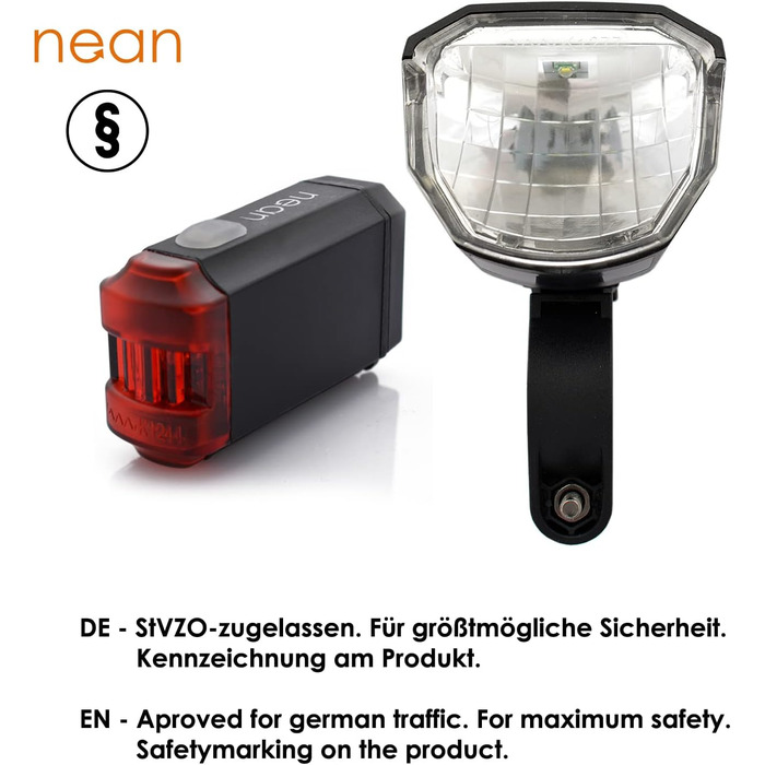 LED-велофара Nean з акумулятором, комплект освітлення StVZO, 50 LUX, 8 Candela