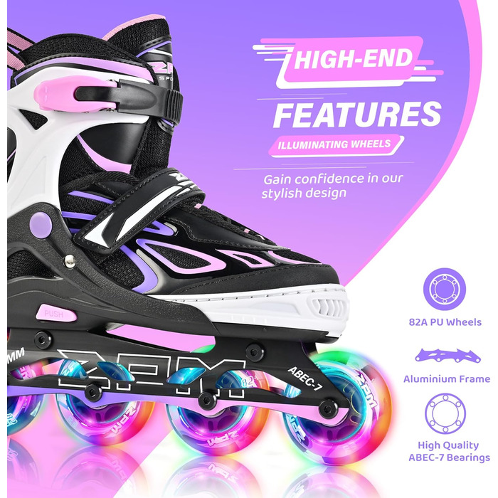 Дитячі ролики 2PM SPORTS з регулюванням, світні, для дівчаток/хлопчиків (Lila-Rosa, розмір EU 37.5-41)