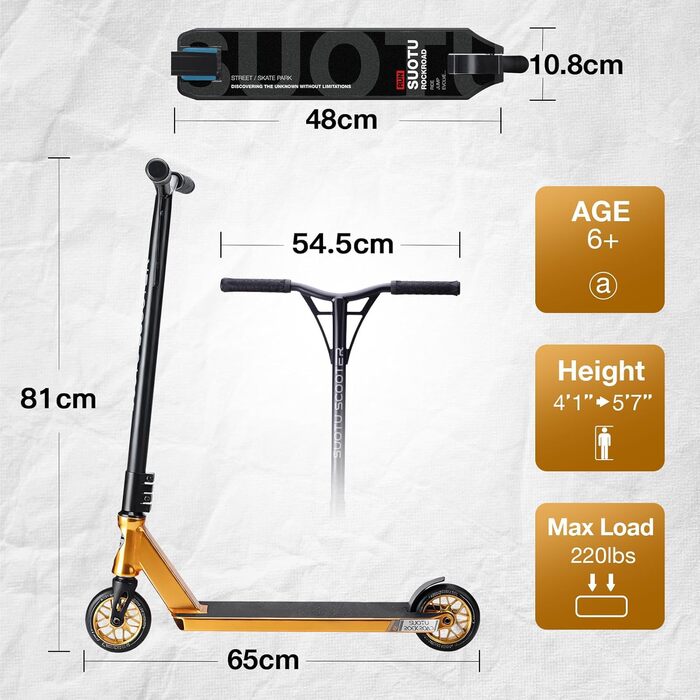 SUOTU Професійний стент-скутер, 360° кермування, роликовий скейт з колесами 110 мм 85A PU, для дітей, підлітків та дорослих, вантажопідйомність 100 кг, алюміній, чорний – золотий