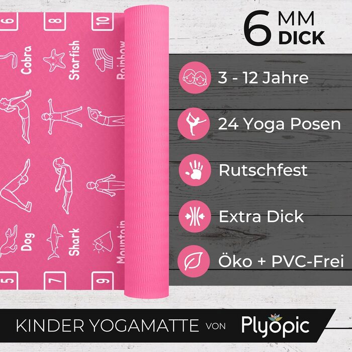Дитячий килимок для йоги Plyopic Flamingo Rosa 6 мм - Нековзний TPE килимок для фітнесу для хлопчиків та дівчаток 3-12 років, для дому, дитячого садка та школи. З малюнками тварин.