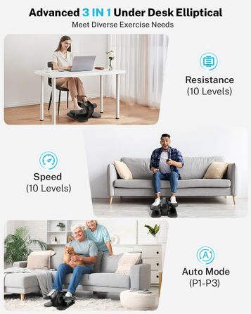 Еліптичний тренажер Gonex під стіл для літніх людей з 10 рівнями опору, тренажер для ніг, як у телепередачі, педальний тренажер, 10 швидкостей та 3 автоматичні режими, чорний