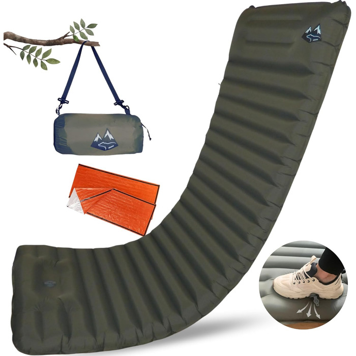 Надувний килимок BÄRBERG з самонадуванням та насосом для ніг, Ultralight, для кемпінгу, подорожей, фестивалів, басейну (Оливковий)