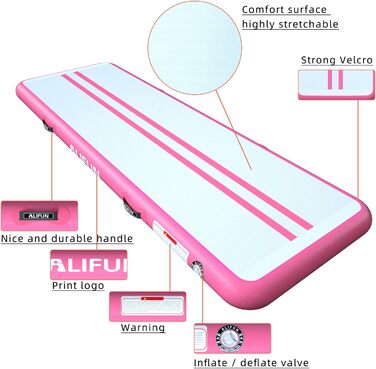ALIFUN Надувний гімнастичний мат, 300x100x20 см, рожевий, товщина 20 см, для дому, фітнесу, челедингу, басейну