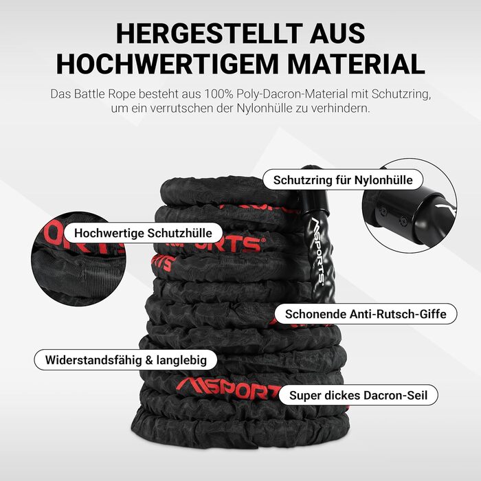 Тренажер Battle Rope MSports Professional Studio Qualität 15 м, 5 см | Серальній тренажер для фітнесу, штанговий тренажер, чорний/червоний