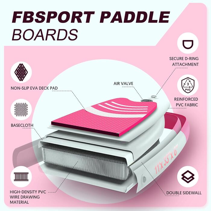 FBSPORT SUP дошка 11' Premium Stand Up Paddle Board для йоги з аксесуарами та сумкою | Широка стійка, контроль на хвилях, неслизька поверхня, страховка, весло та насос для молоді та дорослих (рожевий)