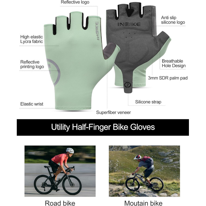 Велосипедні рукавички INBIKE літні, дихаючі, з гелевою подушкою, для шосе та MTB, антиковзаючі, з відбиваючими елементами, чоловічі/жіночі (S, Зелений)