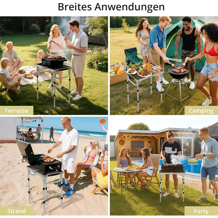 Стіл для кемпінгу Anbte Grilltisch 58x40 см, металевий, з регульованою висотою (26/48/70 см), алюмінієвий каркас, портативний, для пікніка, BBQ, саду, балкону (срібний)