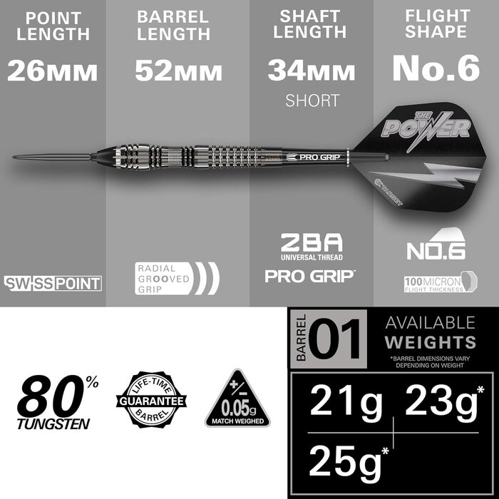 Darts Target Phil Taylor Power 8-Zero 4 (21/23/25г) - Сталеві дротики з вольфраму 80%, з Swiss Point або сталевими наконечниками