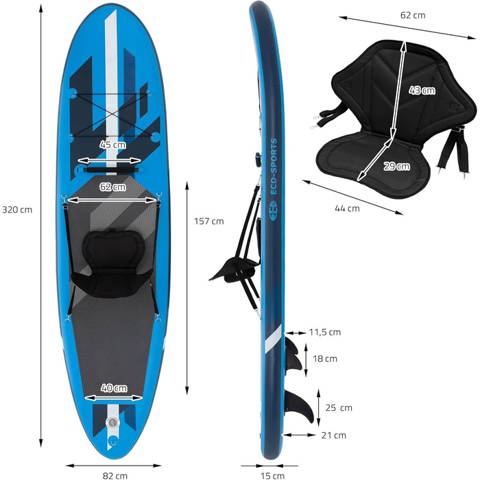 Надувна SUP-дошка ECD Germany з каяк-сидінням, 320x82x15 см, чорна/блакитна/бірюзова/сіро-оранжева, PVC, алюмінієве весло, повний комплект аксесуарів для серфінгу та веслування