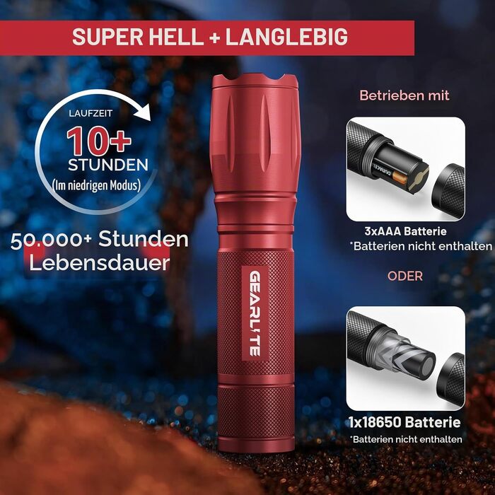 Ліхтарик GEARLITE LED на батарейках, надпотужний 2000 люмен, водонепроникний IP65, з зумом та 5 режимами роботи, червоний (набір 2 шт.) для кемпінгу, походів та екстрених ситуацій