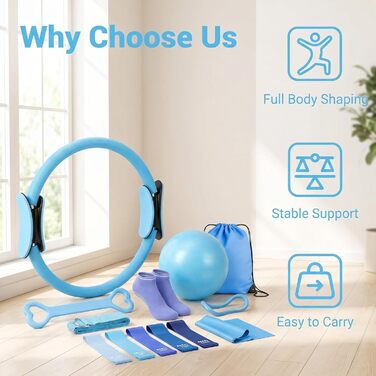 Набір для пілатесу та йоги для жінок-початківців Home Pilates & Yoga Starter Kit (22,9 см м'яч, гумові стрічки, кільце для пілатесу, ремені на щиколотки) - синій