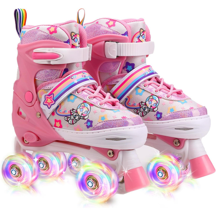 Роликові ковзани для дітей, ролики для дівчаток та початківців, регульовані, з підсвічуванням, дихаючі, для подарунка (рожеві)