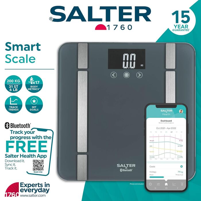 Розумні ваги Salter SA00432GFEU6 для ванної кімнати, Bluetooth, 200 кг, вимірювання ваги, жиру, води, м'язової та кісткової маси, BMI/BMR, 8 профілів, синхронізація з додатком Salter Health, сірі