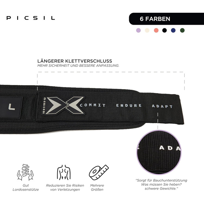 Підтягуючий пояс для важкої атлетики PICSIL, підтримка попереку, для ривку та поштовху, схвалений для змагань, з пряжкою, чорний