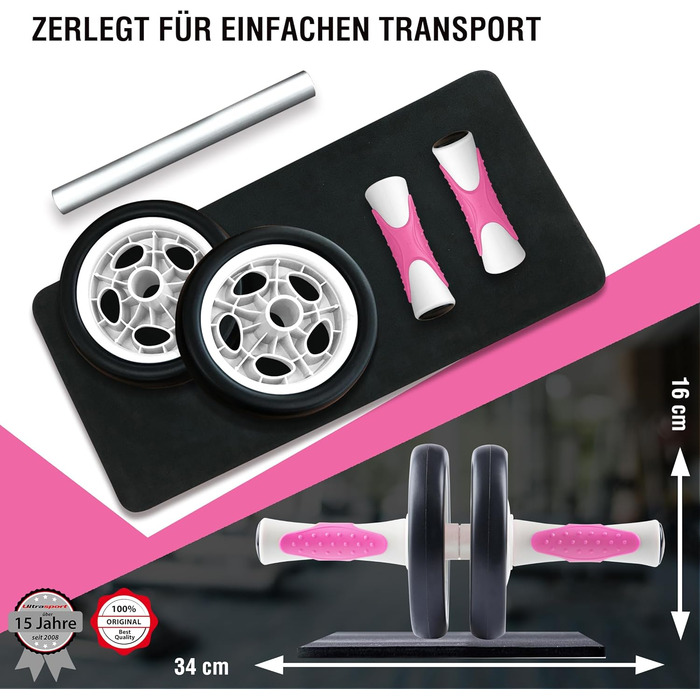 Ролер для пресу Ultrasport AB Roller з килимком для колін, тренування пресу для чоловіків та жінок, компактний складний ролер для м'язів, білий/рожевий