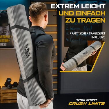 TREX SPORT Килимок для гімнастики та фітнесу | Товстий та м'який, 190x80x1 см, з ручкою для перенесення, неслизький, сірий | Килимок для йоги