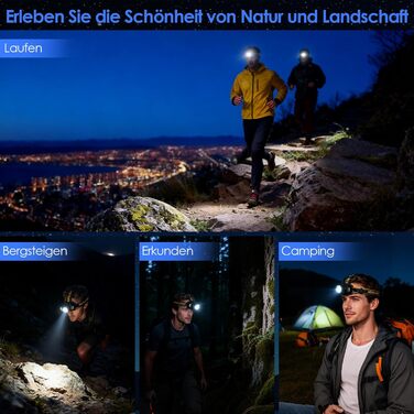 Ліхтар на лоб SternSinn LED акумуляторний, налобний ліхтар з сенсором, регулюванням фокусу, IP65 вологостійкий, 8 режимів освітлення та задній ліхтар, кут нахилу 90° для кемпінгу та риболовлі