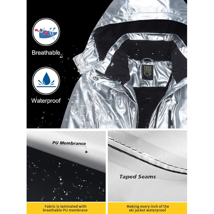 Жіноча водонепроникна куртка для сноубордингу та лижного спорту FREE SOLDIER з флісовою підкладкою та капюшоном. Тепла зимова куртка-дощовик з повністю проклеєними швами (L, срібляста)