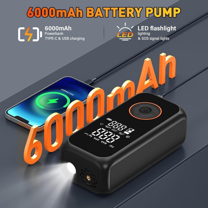 Електричний насос Onherm 6000mAh для велосипеда, авто, мотоцикла, м'ячів, SUP, 150PSI, міні-компресор з дисплеєм, портативний акумуляторний