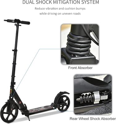 HOMCOM Скутер кикборд складаний, чорний, для підлітків та дорослих, до 100 кг, з двома гальмами та подвійною підвіскою