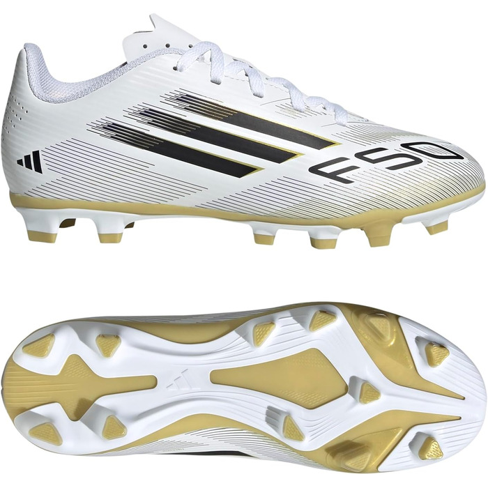 Дитячі футбольні бутси Adidas F50 Club для гри на траві та жорсткому майданчику (36 EU, білий, чорний, золотий)