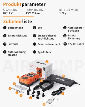 Електричний насос для SUP дошки 12V, 22 PSI, з акумулятором 59.2Wh, Type-C, 7 насадок, помаранчевий