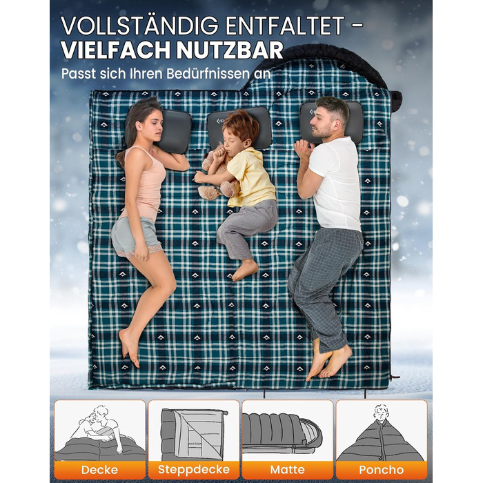 Сплячий мішок KingCamp Flannel для дорослих, 4 сезони, ультралегкий, бавовна, теплий, ковдровий, водонепроникний, для кемпінгу та повсякденного використання, чорний, L, блискавка