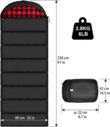 Спальний мішок Baumwoll-Flanell для дорослих, 100% бавовняний, для кемпінгу, піших прогулянок, подорожей з рюкзаком, легкий, 3-4 сезони (Чорний/Червоний, 2.8 кг)