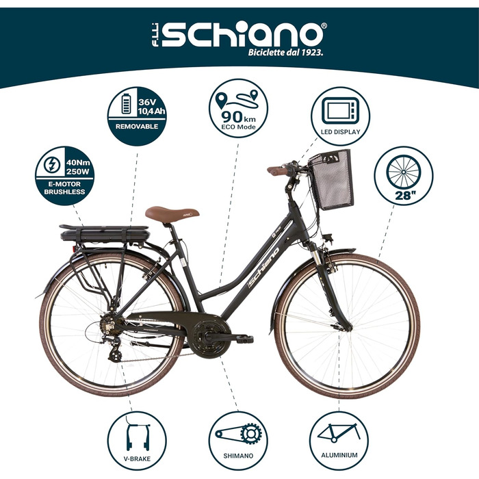 Електровелосипед F.lli Schiano E-Ride 28'' для дорослих, трекінговий, комфорт, акумулятор до 25 км/год, з кошиком і захистом ланцюга, чорний