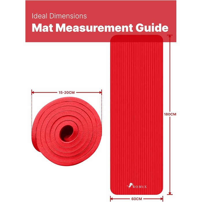 ROMIX Килимок для йоги, 15 мм, з антиковзаючою поверхнею, з сумкою та ременем, для фітнесу, пілатесу, медитації, червоний