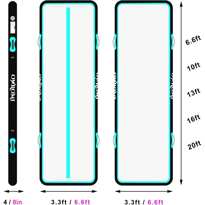 Надувний гімнастичний мат для акробатики та tumbling (6м x 1м x 10см) з електронасосом, зелений/чорний