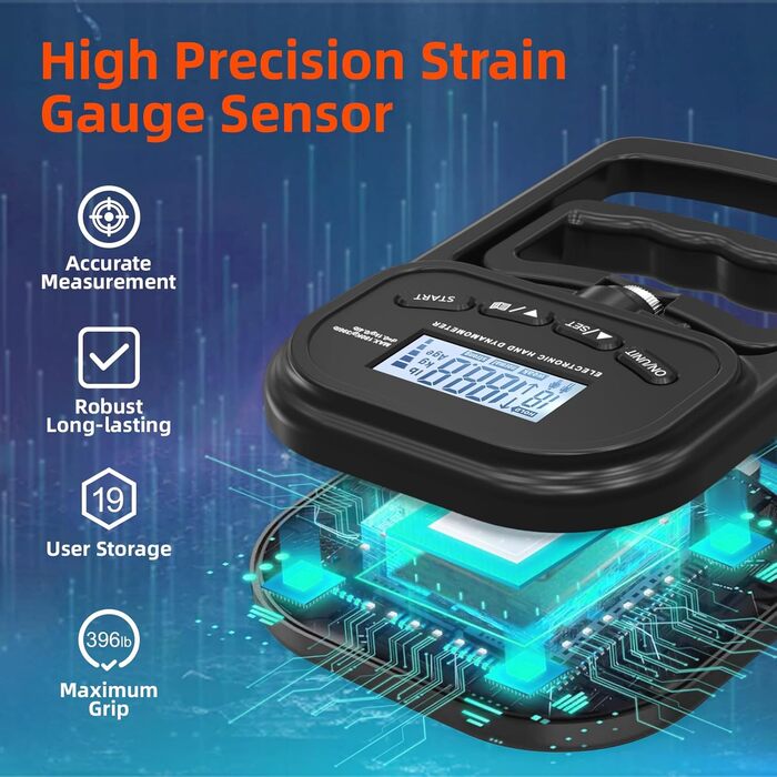 Електронний динамометр для вимірювання сили хвата Griffkrafttrainer, 180 кг, LCD-дисплей, регульований хват, чорний