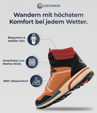 Чоловічі водонепроникні трекінгові черевики Giesswein Wool Cross X Alpine - для хайкінгу та походів у горах (47 EU, Коричневий)