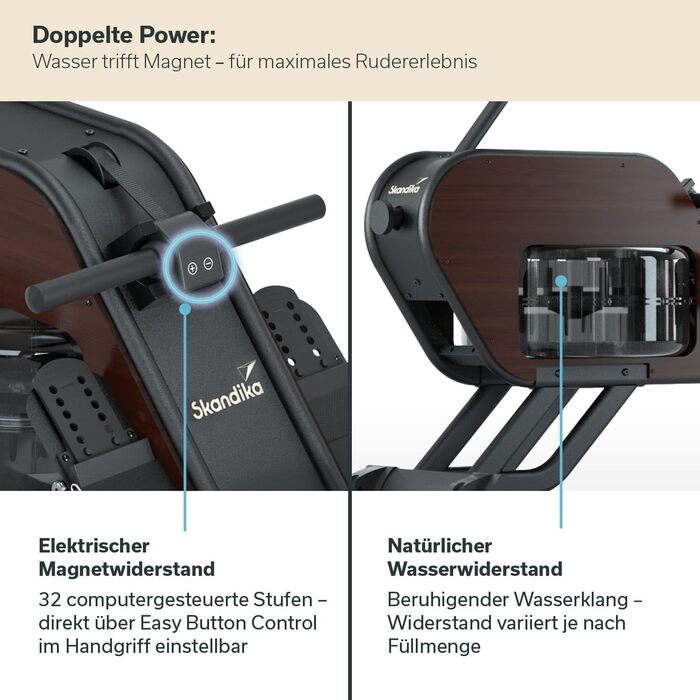 Гребний тренажер Skandika Nemo III Hybrid з водним та магнітним опором | 32 рівня електроніки, 15 програм, до 200 см, сумісний з додатком, дерев'яний | Фітнес-обладнання для дому