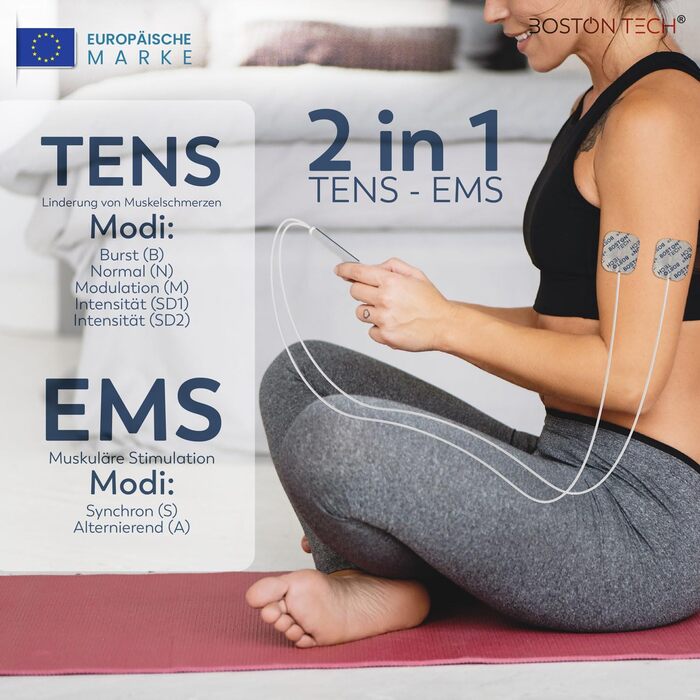 Пристрій TENS Boston Tech ME89 PRO: терапія болю, EMS, 7 режимів, стимуляція м'язів, 4 електроди, 9V батарея, захист від падінь, кейс