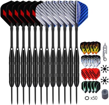 Дарти сталеві Steel Dartpfeile набір 6/12 шт. з металевими наконечниками, алюмінієвими стержнями, 18 пір'ями та гумовими кільцями, 22/23 г