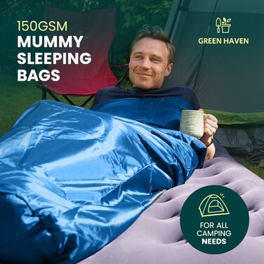 Спальний мішок Green Haven Mumienschlafsack з внутрішньою кишенею, 150 г/м² – водонепроникний, легкий, для кемпінгу та активного відпочинку – 3-сезонний, для весни, літа та ранньої осені, універсальний розмір, блакитний