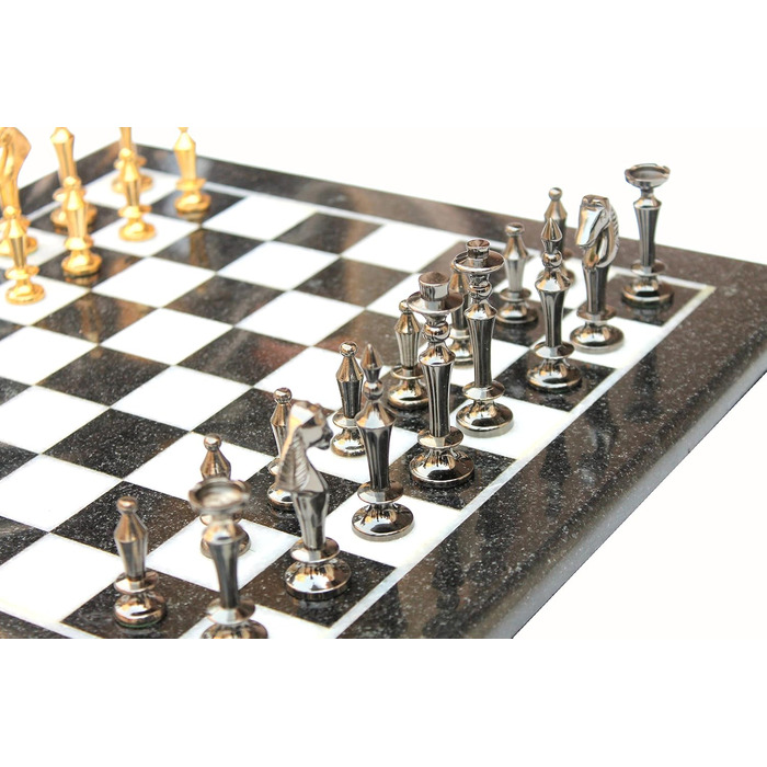 Шаховий набір StonKraft з чорного та білого мармуру з фігурами з латуні – декоративний шаховий набір для дому