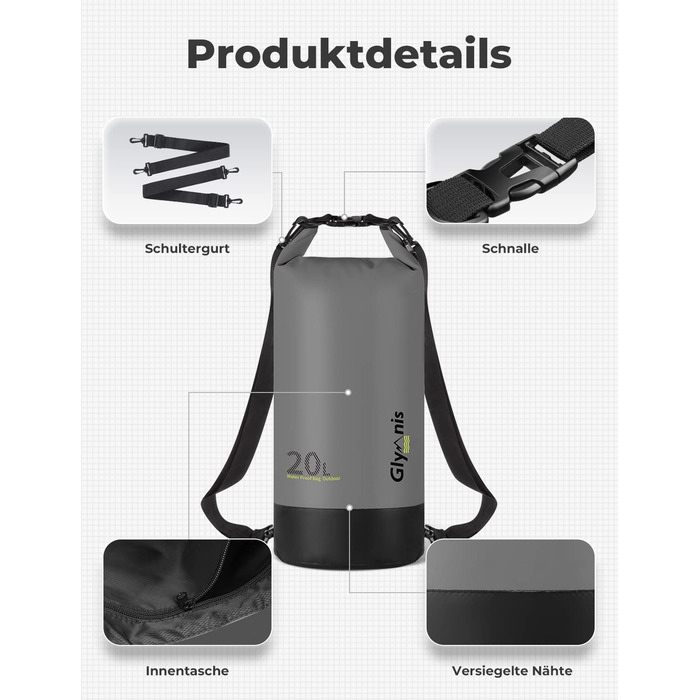 Водонепроникний мішок Glymnis 20L: міцний рюкзак для водного спорту, пляжу, подорожей та кемпінгу (чорний)