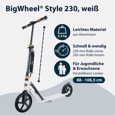 Самокат HUDORA BigWheel Style 230, алюмінієвий, складаний, великі колеса, для міста, для дорослих та підлітків, до 120 кг, білий