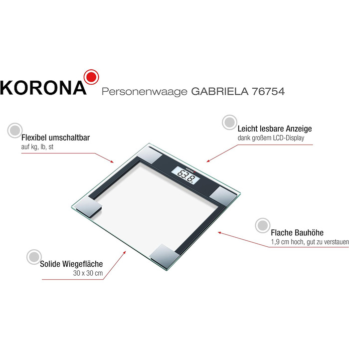 Скляні ваги Korona GABRIELA 150 кг, LCD, автоотключення, батарейки