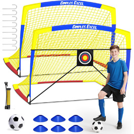 Ворота для футболу Dimples Excel Pop-Up – розкладні для дітей | Набір 1 або 2 шт. | Розміри 120x90 / 152x110 / 213x152 см | 3 кольори | З м'ячем, насосом, конусами та мішенню | Для саду та подарунка