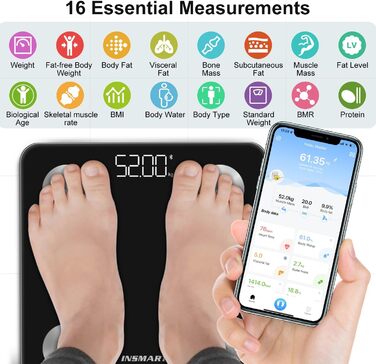 INSMART електронна вага для тіла, аналізатор жиру, Bluetooth, з додатком, вимірювання BMI, м'язової маси, води, BMR, зелена