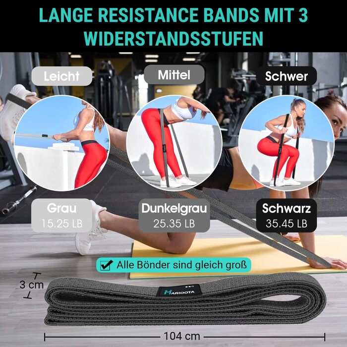 Набір з 3 еластичних стрічок для фітнесу – нековзкі, приємні до шкіри та еластичні – стрічки опору для нарощування м'язів, йоги, пілатесу та тренувань всього тіла – можна прати, довговічні та з сумкою для перенесення. Кольори: сірий, темно-сірий, чорний.