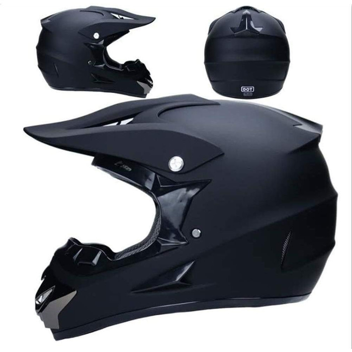 Унісекс Мотокрос Шолом на Все Обличчя з Очками, Рукавичками, Маскою, для Юніорів та Дітей, Ендуро, Оф-роуд, Мотоцикл, MTB, ATV, BMX, Quad, Dirt Bike, Сертифікований D.O.T (L/56-57CM, Чорний)