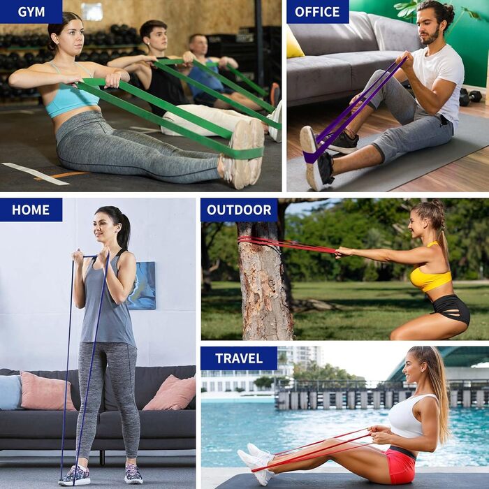 Набір еластичних стрічок для фітнесу Widerstandsbänder: 4 рівні, для силових тренувань, йоги, пілатесу, кросфіту, з кріпленням для дверей та сумкою для зберігання. Червоні, сині, фіолетові, зелені.