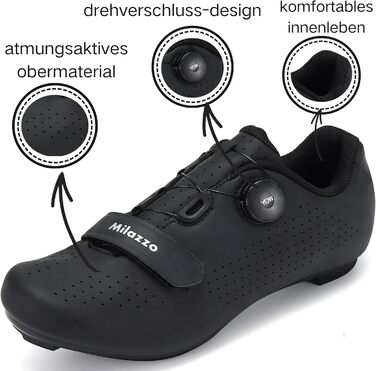 Чоловічі велотуфлі Milazzo для шосе, MTB та велотренажера – дихаючі, сумісні з SPD, SPD-SL, Look Delta, чорний, 45 EU